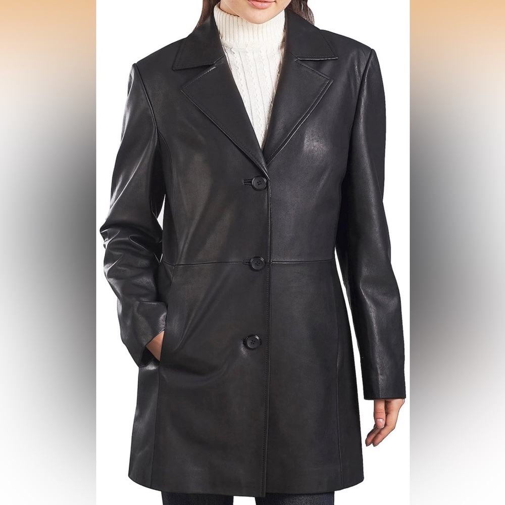 BGSD Women Danielle Black 100% Lambskin Leather Walking Button Up Coat